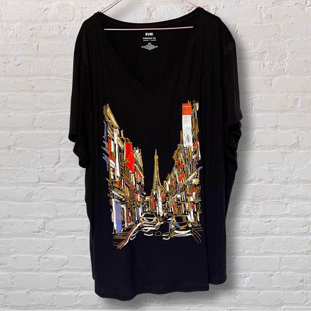 EVRI Black French Graphic V Neck Relxed Everyday Tee 4X NWT